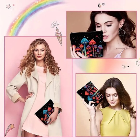 Cosmetic Bag Mushroom Makeup Clutch Zip Pouch Travel Hippie Boho Wonderland Trip - Picture 3 of 4